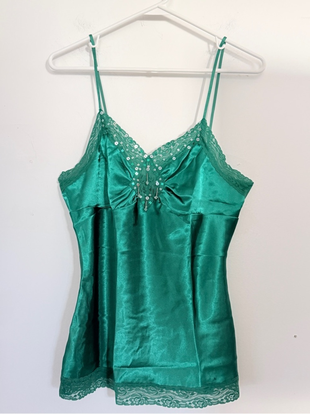 NWT Vintage One Step Up Emerald Green Satin Lace Cami Y2K Fairy Lace Layering